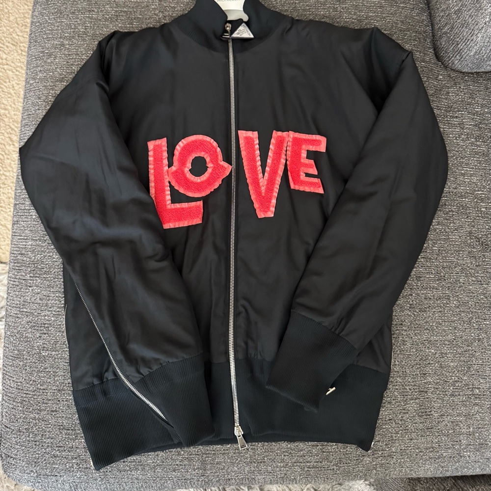 Moncler Black Bomber Jacket with Red Love Design